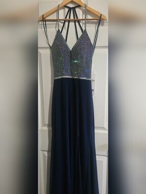 Navy Evening Gown with Rhinestone Bodice